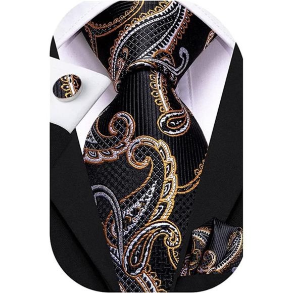Mens Paisely Silk Tie for Men Necktie and Pocket Square Set C Orange Black